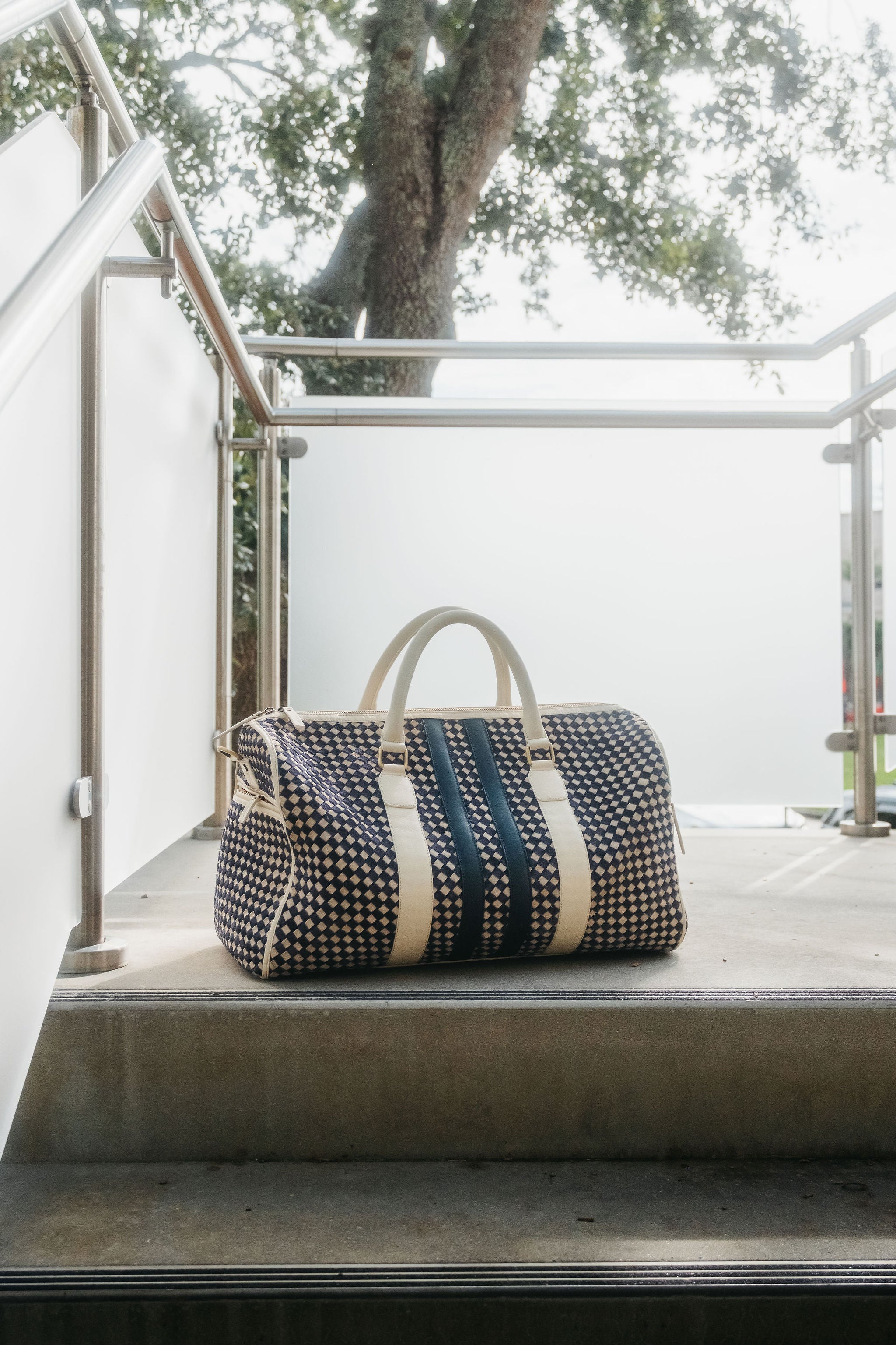 Woven blue and White Suede Duffel
