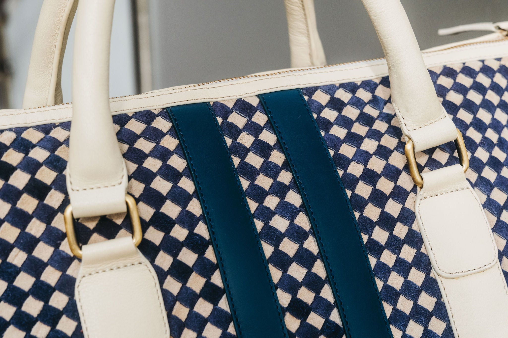 Woven blue and White Suede Duffel