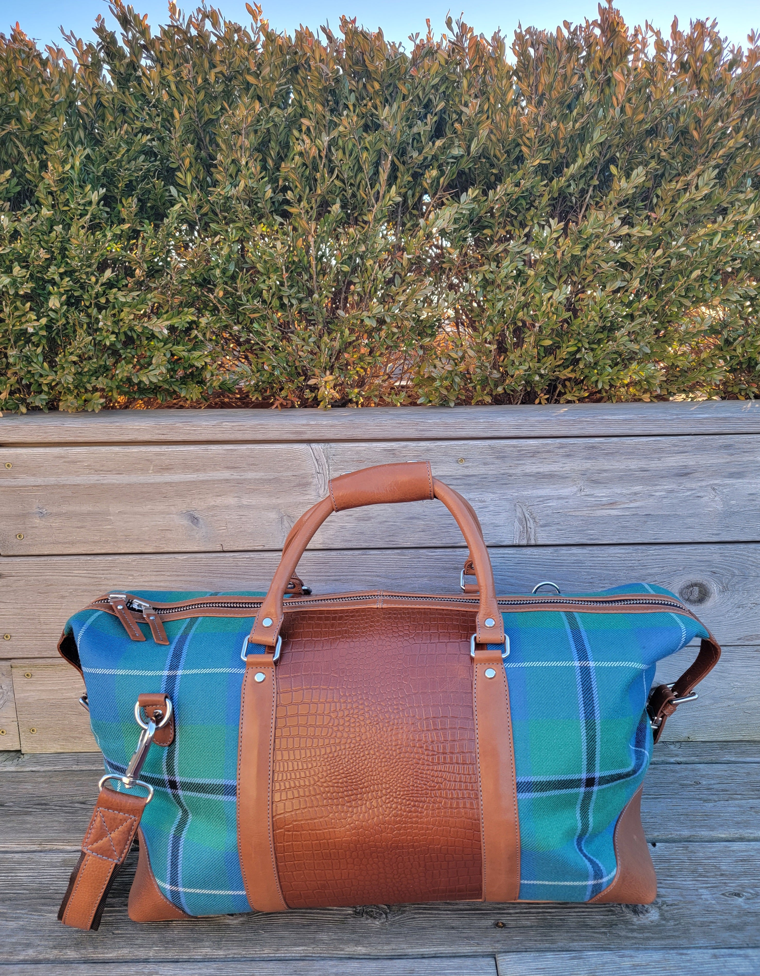 Bright Green & Blue Tartan Leather Duffle Bag - FH Wadsworth