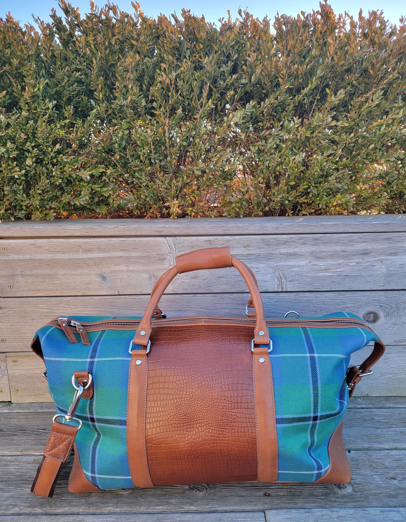 Bright Green & Blue Tartan Leather Duffle Bag