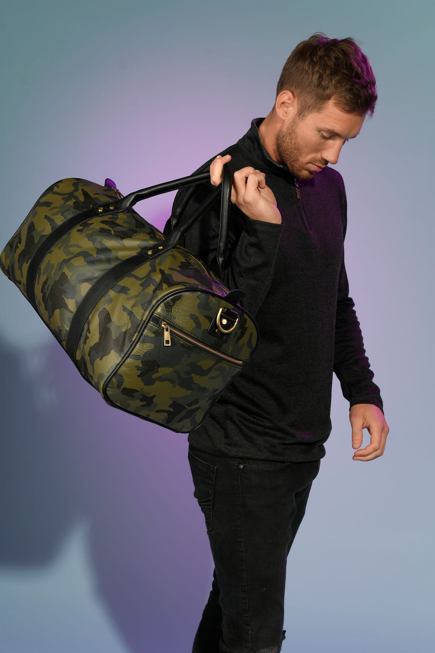 Green Camo Leather Duffle Bag