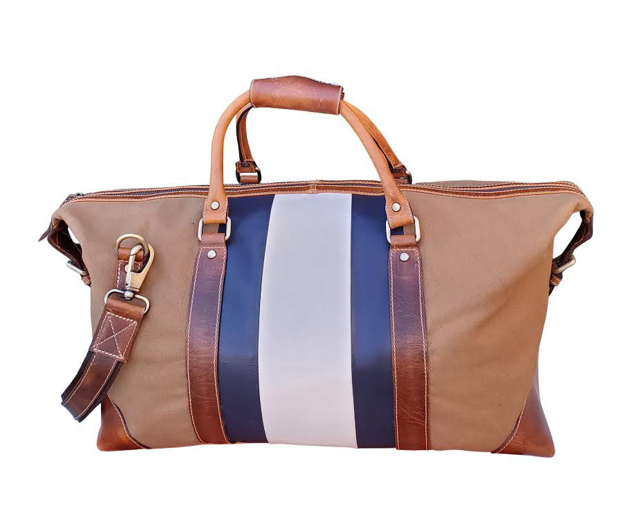 Leather Striped Canvas Duffel Bag