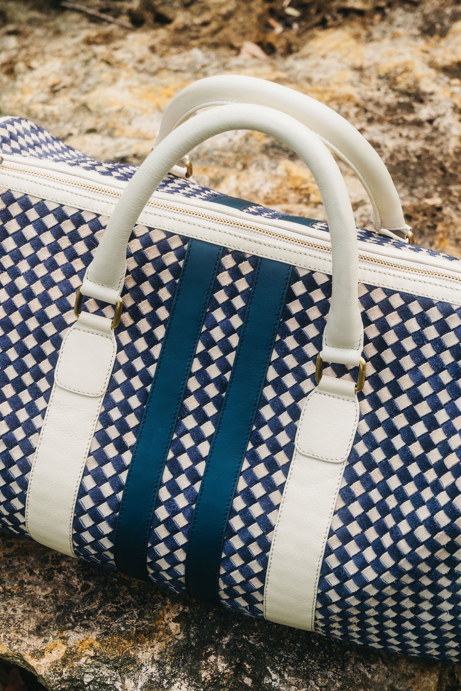 Woven blue and White Suede Duffel