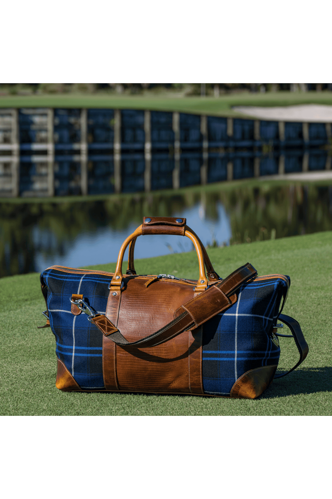 Blue Tartan Wainscott Leather Duffle Bag