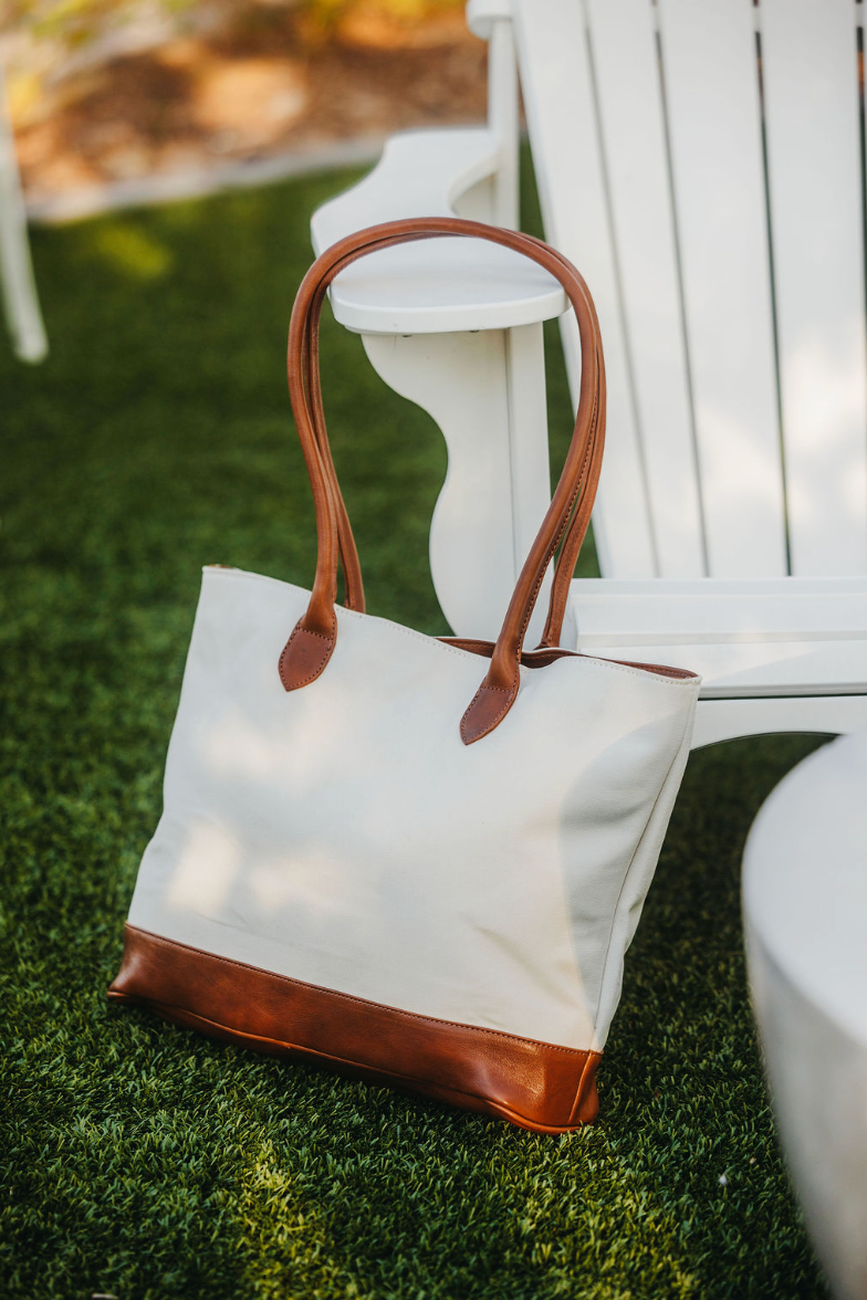 White Canvas &amp; Leather Tote Bag