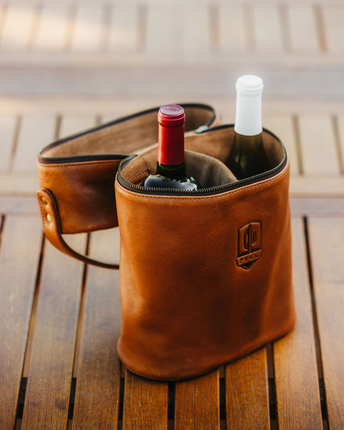 Tan Leather Wine Holder with Zipper