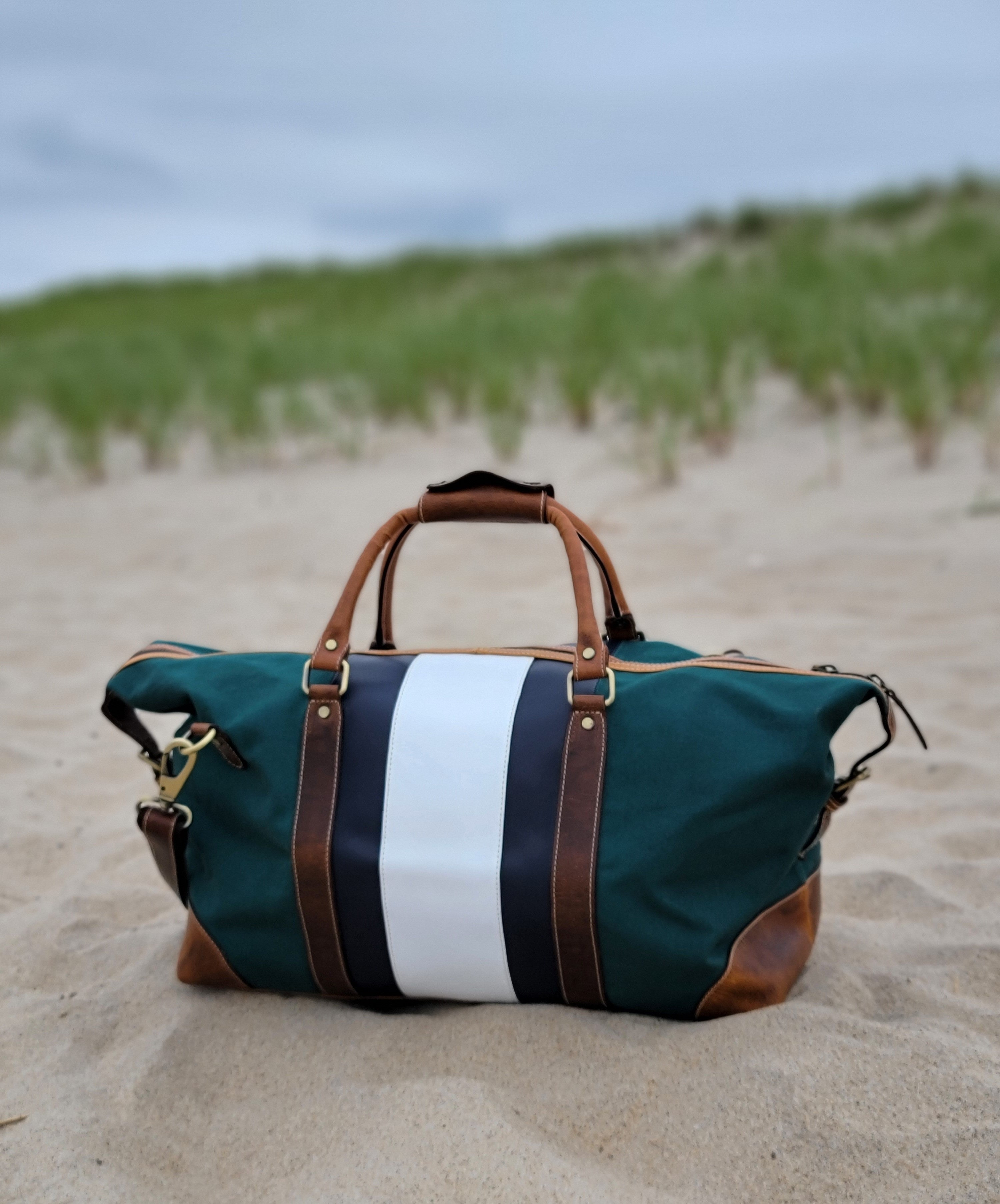 Green Canvas Striped Leather Duffle Bag - FH Wadsworth