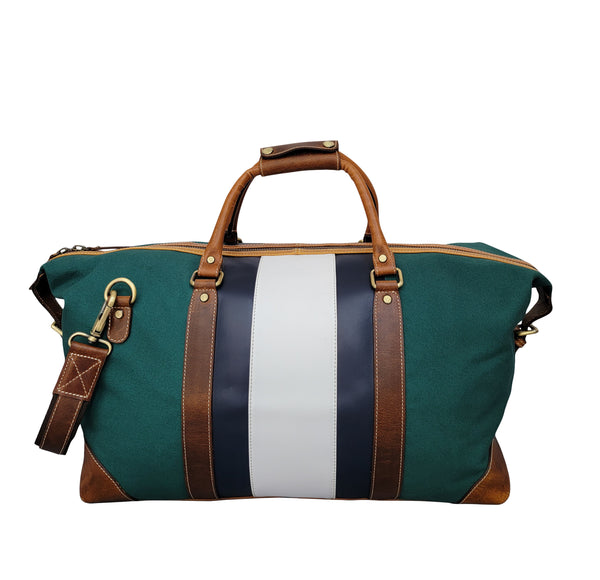Green Canvas Striped Leather Duffle Bag