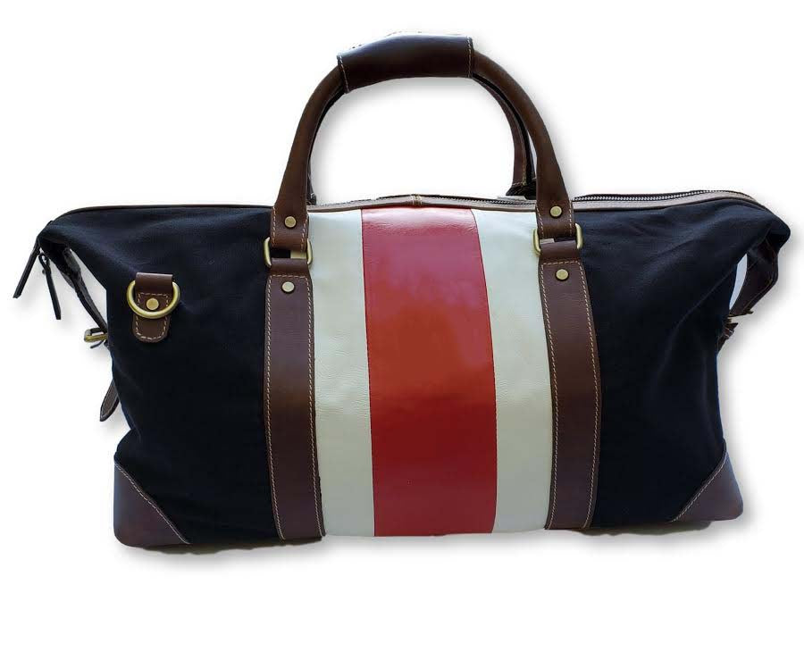 Tan Striped Leather Duffle Bag