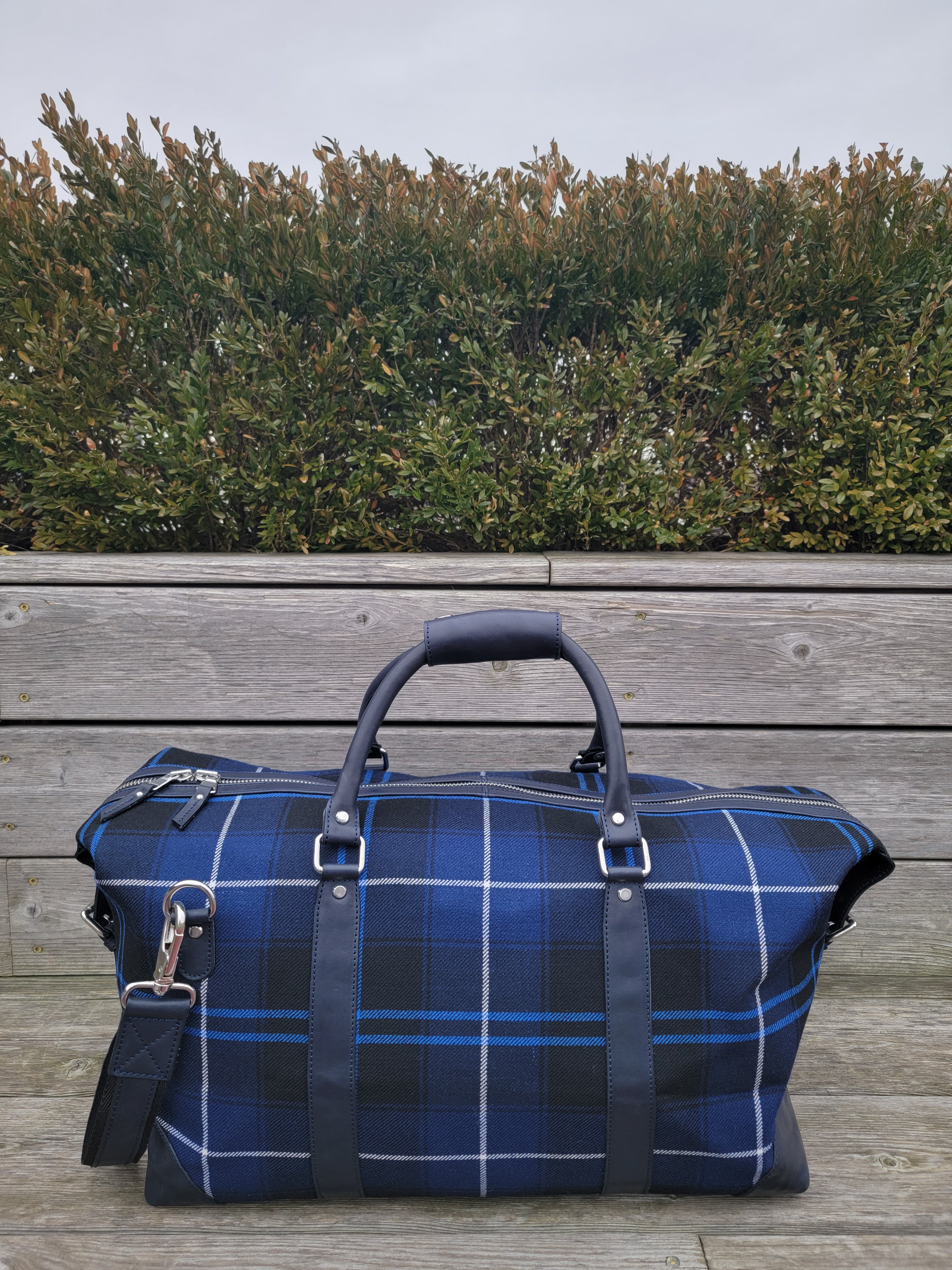 Blue &amp; Black Tartan Leather Duffle Bag