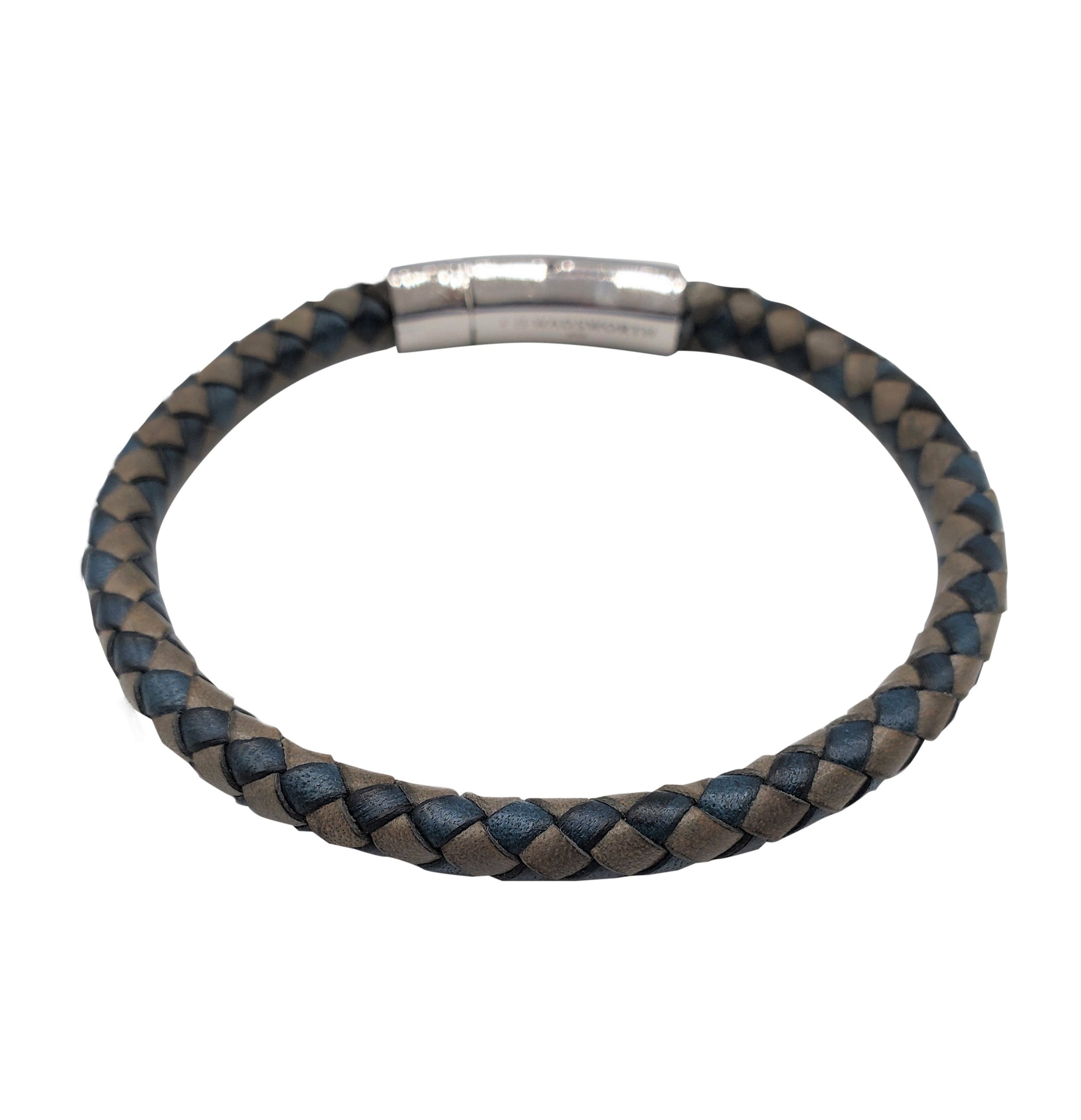 AIZU Braided Leather Bracelet For Men - Black Blue Woven With Stainless Steel Spring Clasp