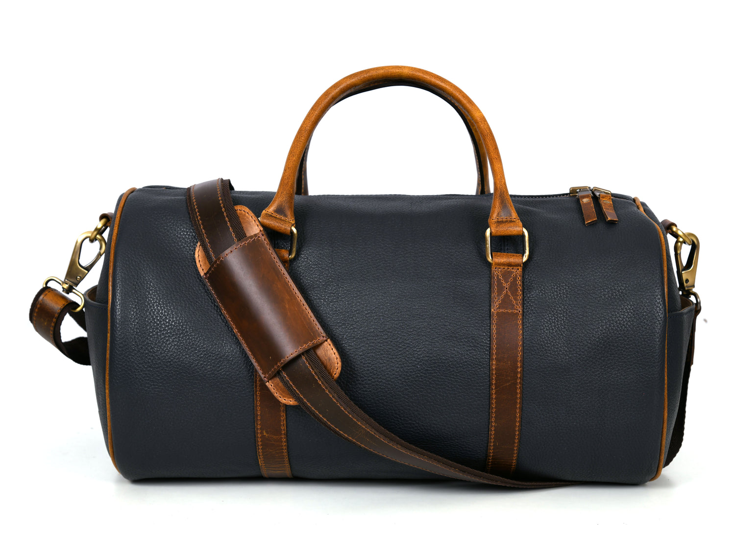 Navy &amp; Tan Leather Duffel Bag