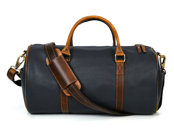 Navy & Tan Leather Duffel Bag