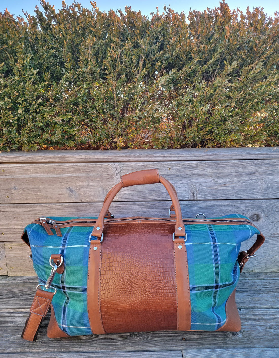 Bright Green &amp; Blue Tartan Leather Duffle Bag - FH Wadsworth