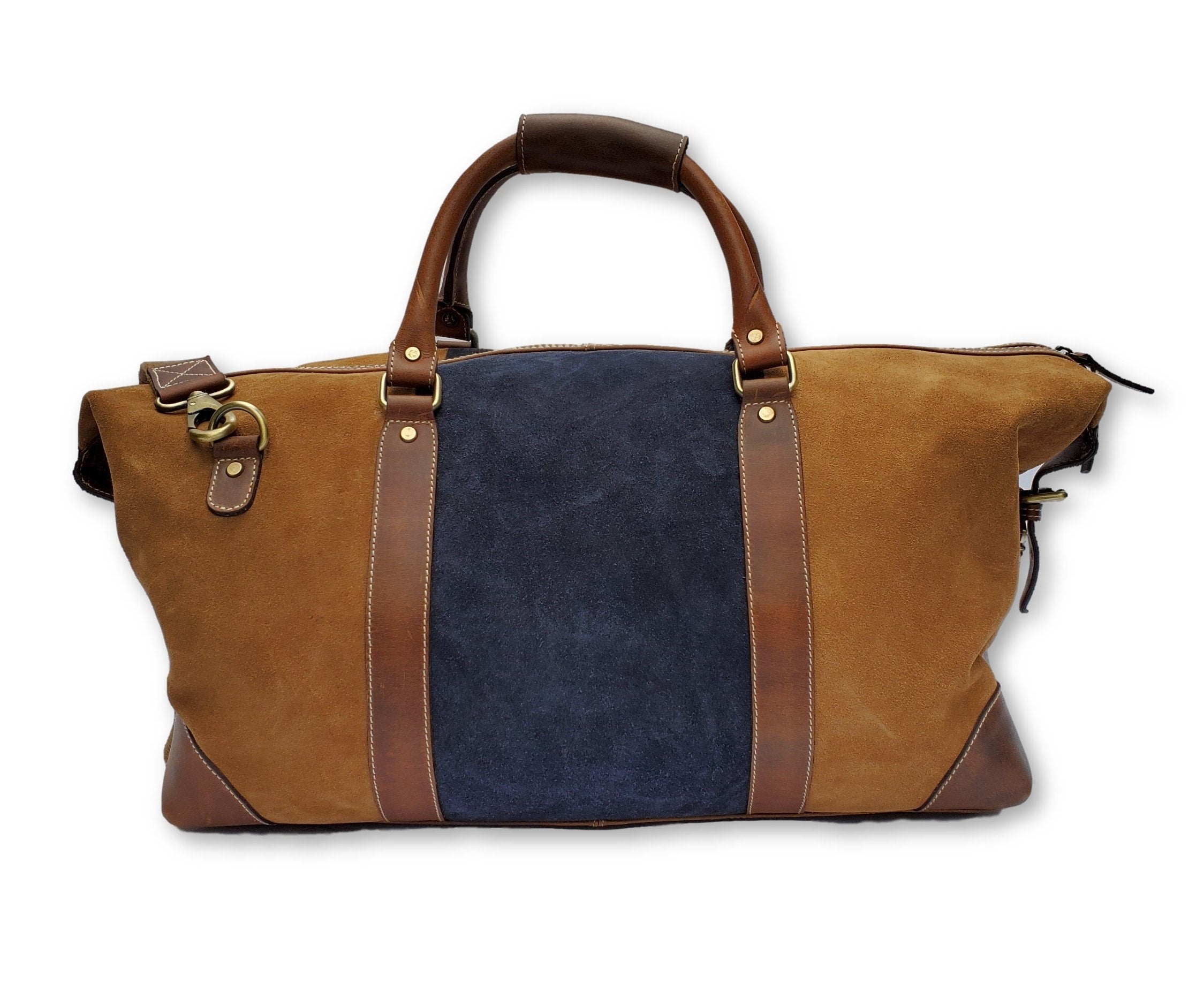 Light Blue &amp; Brown Suede Leather Duffle Bag - FH Wadsworth