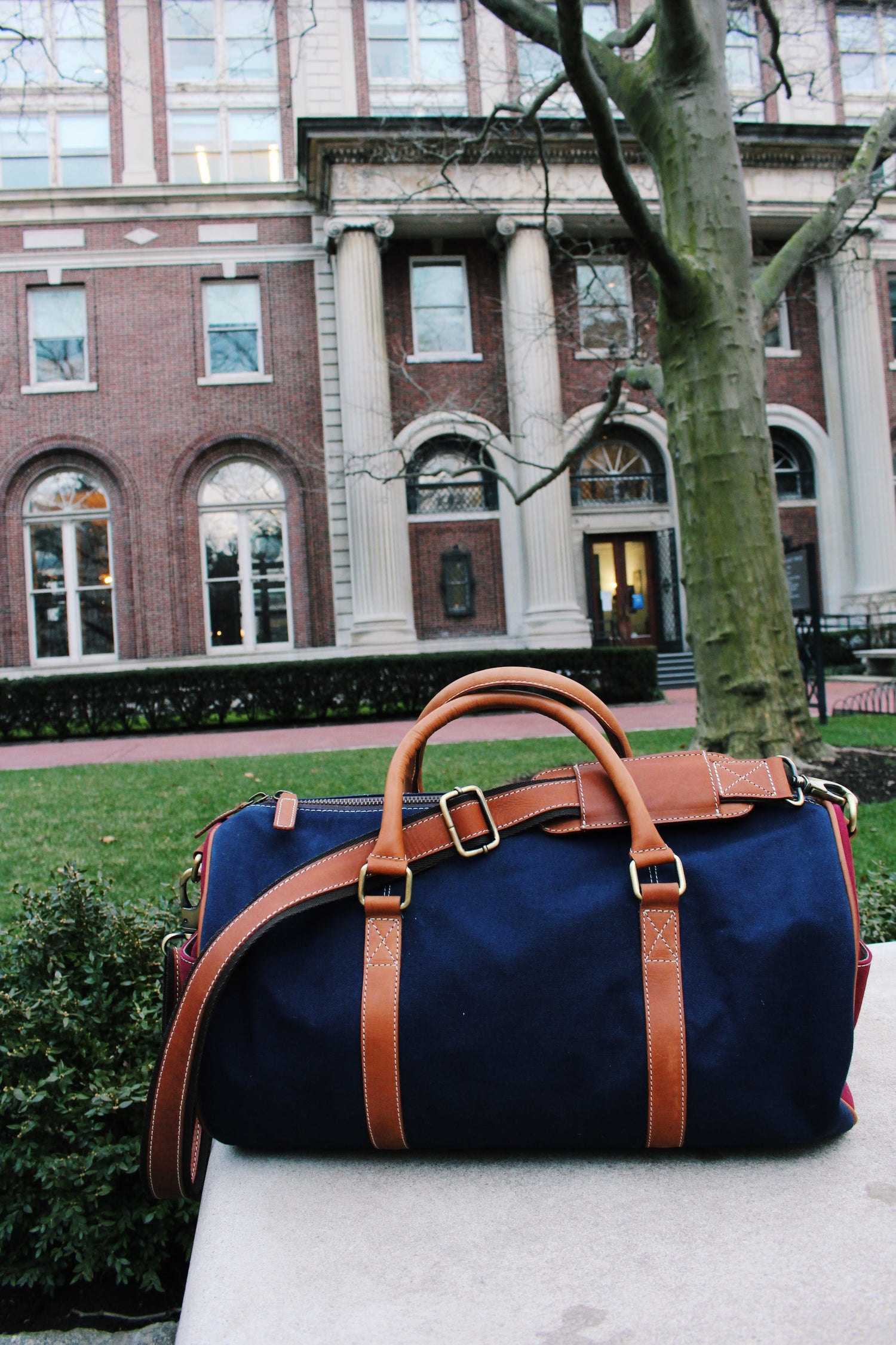 Navy &amp; Burgundy Canvas Duffel Bag