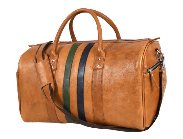Tan Striped Leather Duffel Bag