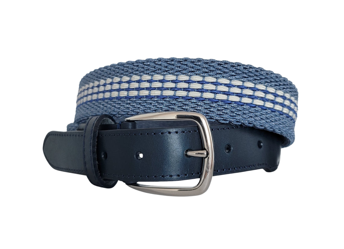 Blue &amp; White Leather Tab Stretch Belt