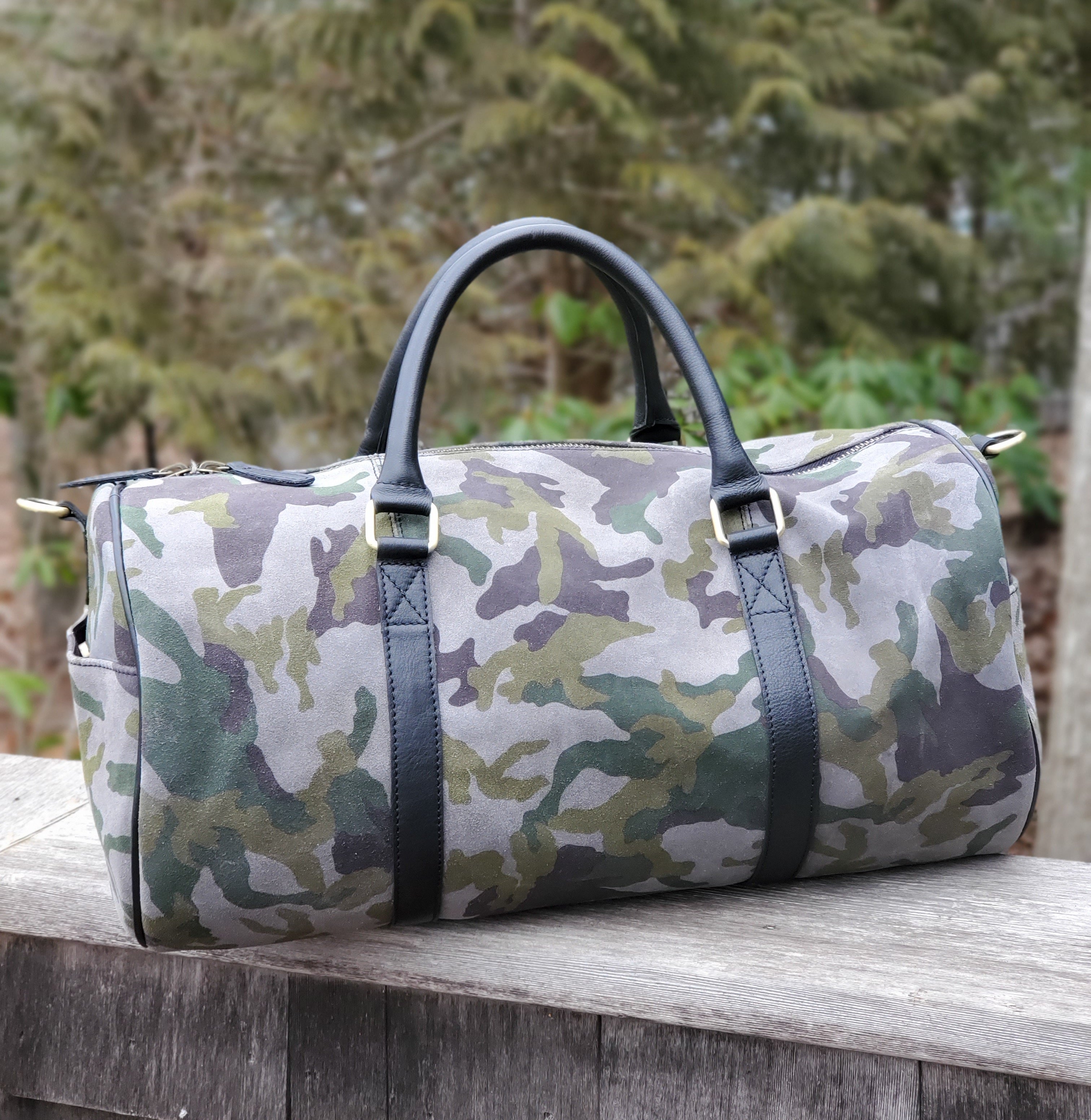 Green Camouflage Suede Duffel Bag – FH Wadsworth Green Camouflage Suede Duffel Bag – FH Wadsworth