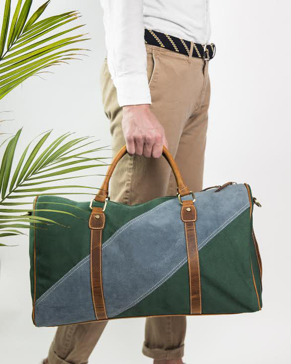Green Canvas &amp; Blue Suede Duffel Bag - FH Wadsworth