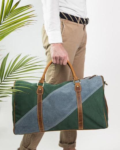 Green Canvas &amp; Blue Suede Duffel Bag - FH Wadsworth