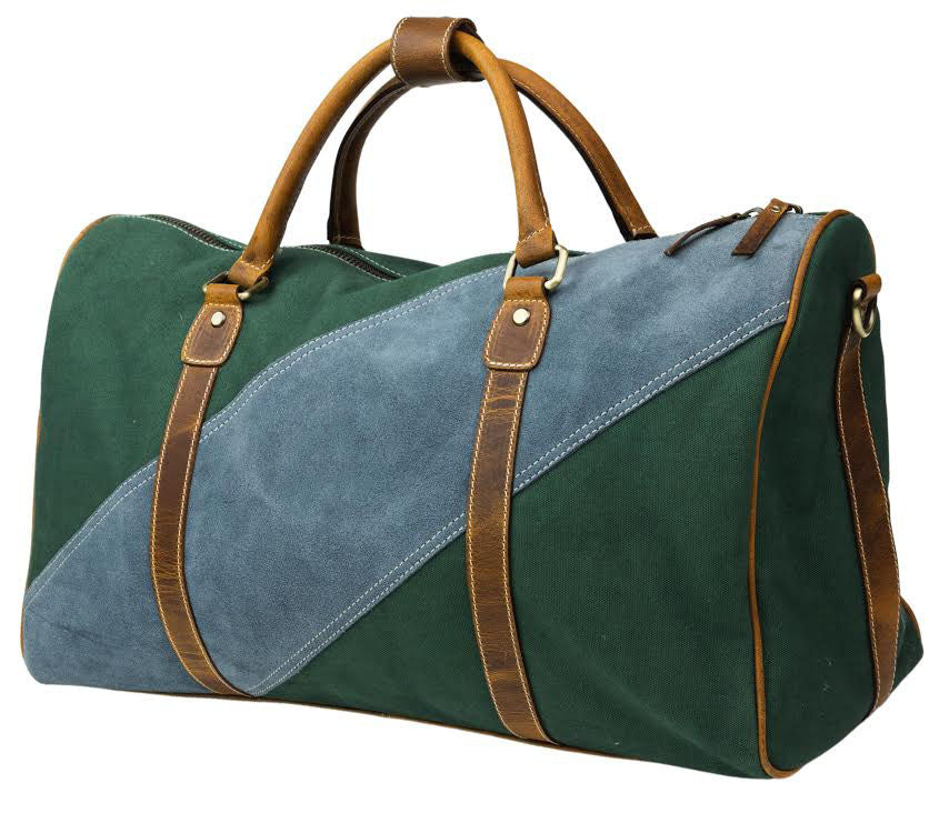 Green Canvas &amp; Blue Suede Duffel Bag - FH Wadsworth
