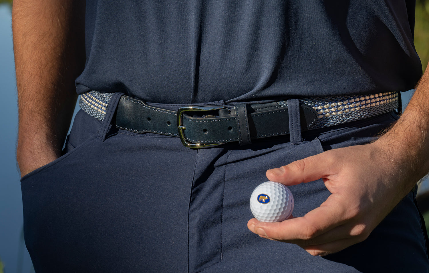 Blue &amp; White Leather Tab Stretch Belt