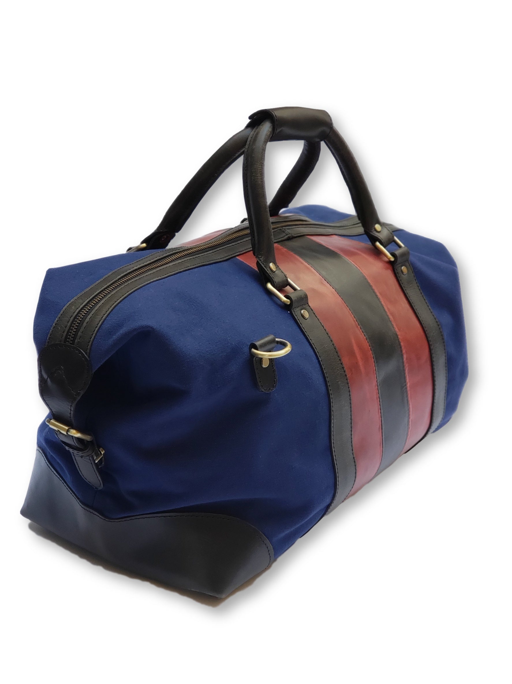 Red &amp; Black Leather Striped Canvas Duffle Bag - FH Wadsworth