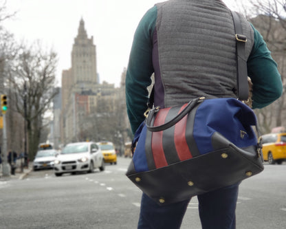 Red &amp; Black Leather Striped Canvas Duffle Bag - FH Wadsworth
