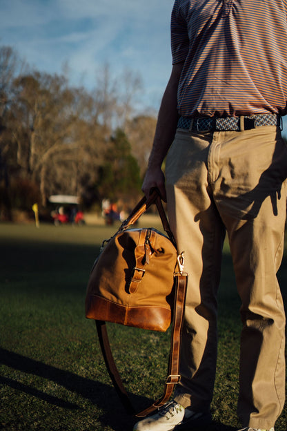 Leather Striped Canvas Duffel Bag